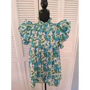Victoria Dunn Jasmine Blouse Womens S Blue Floral Ruffle Top Block Print Cottage